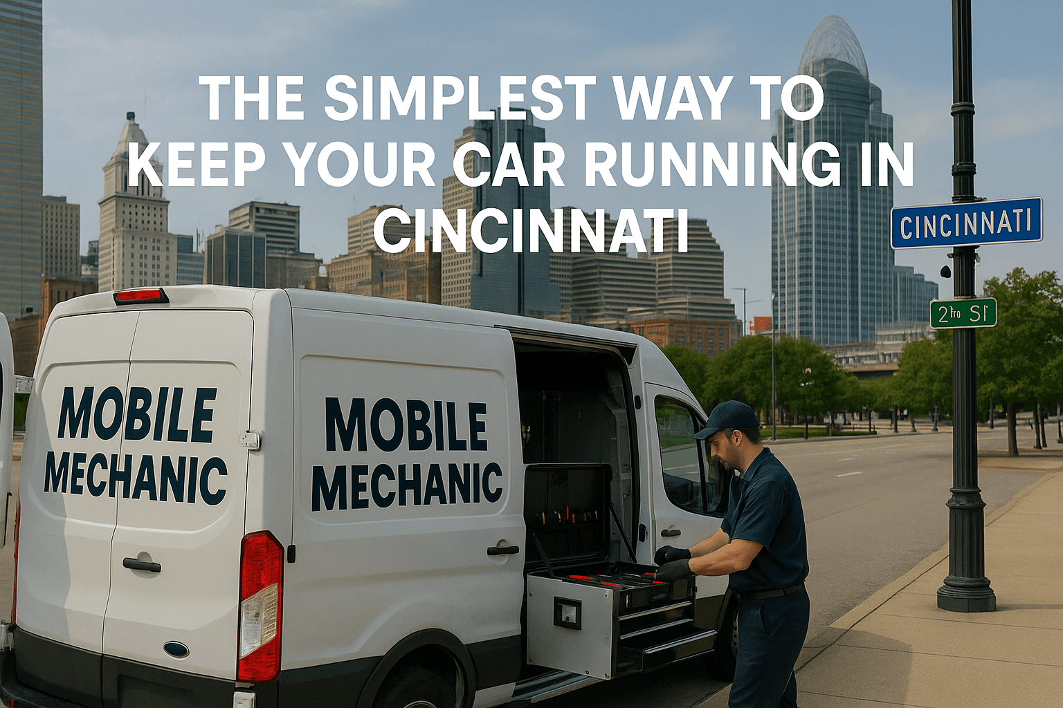 Mobile mechanic van in downtown Cincinnati with technician preparing tools for on-site car repair